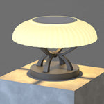 Mushroom-style path light with wide illuminated canopy mounted on metal base for garden walkway lighting