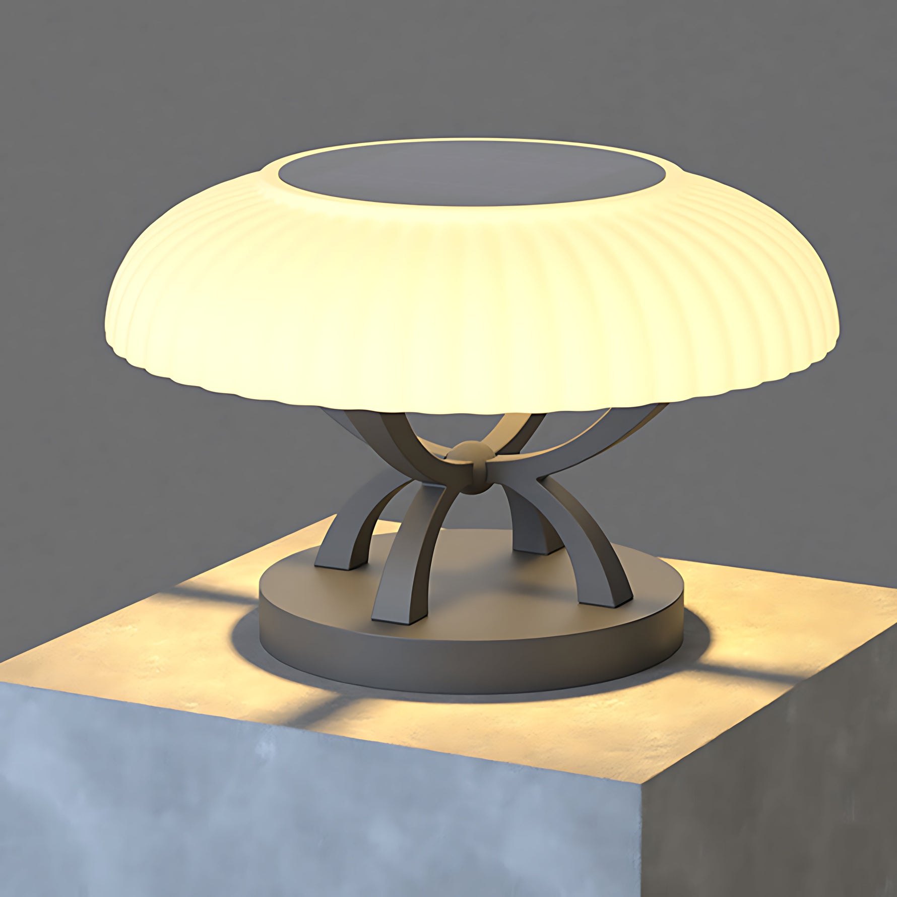 Mushroom-style path light with wide illuminated canopy mounted on metal base for garden walkway lighting