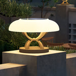 Contemporary mushroom-style garden light with wide canopy providing ambient illumination for modern landscape design