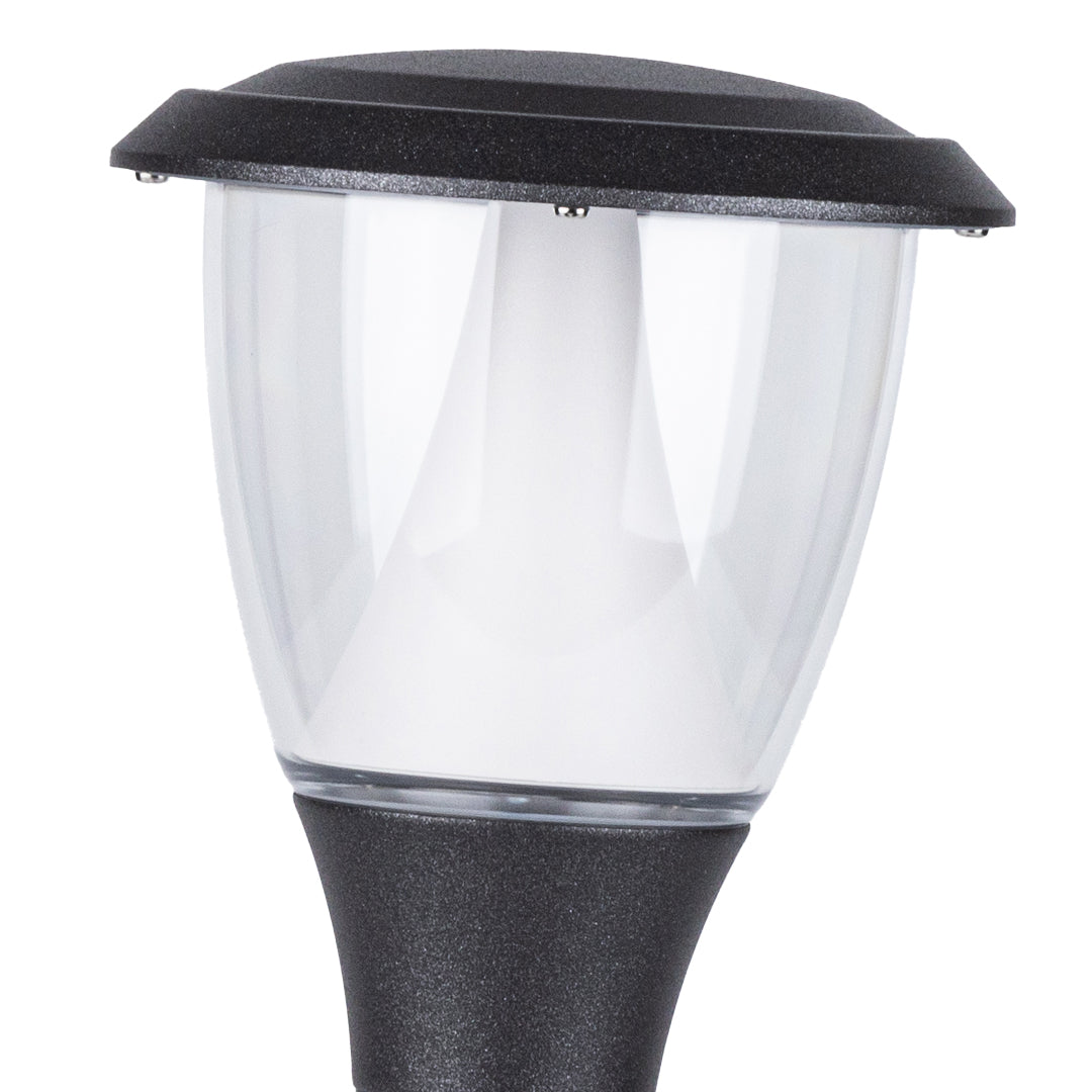 Traditional post light with textured pedestal base and frosted acorn luminaire