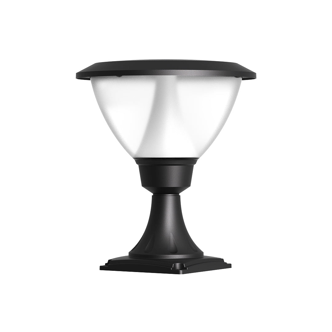Black decorative bollard with ornate pedestal base and white frosted bowl shade