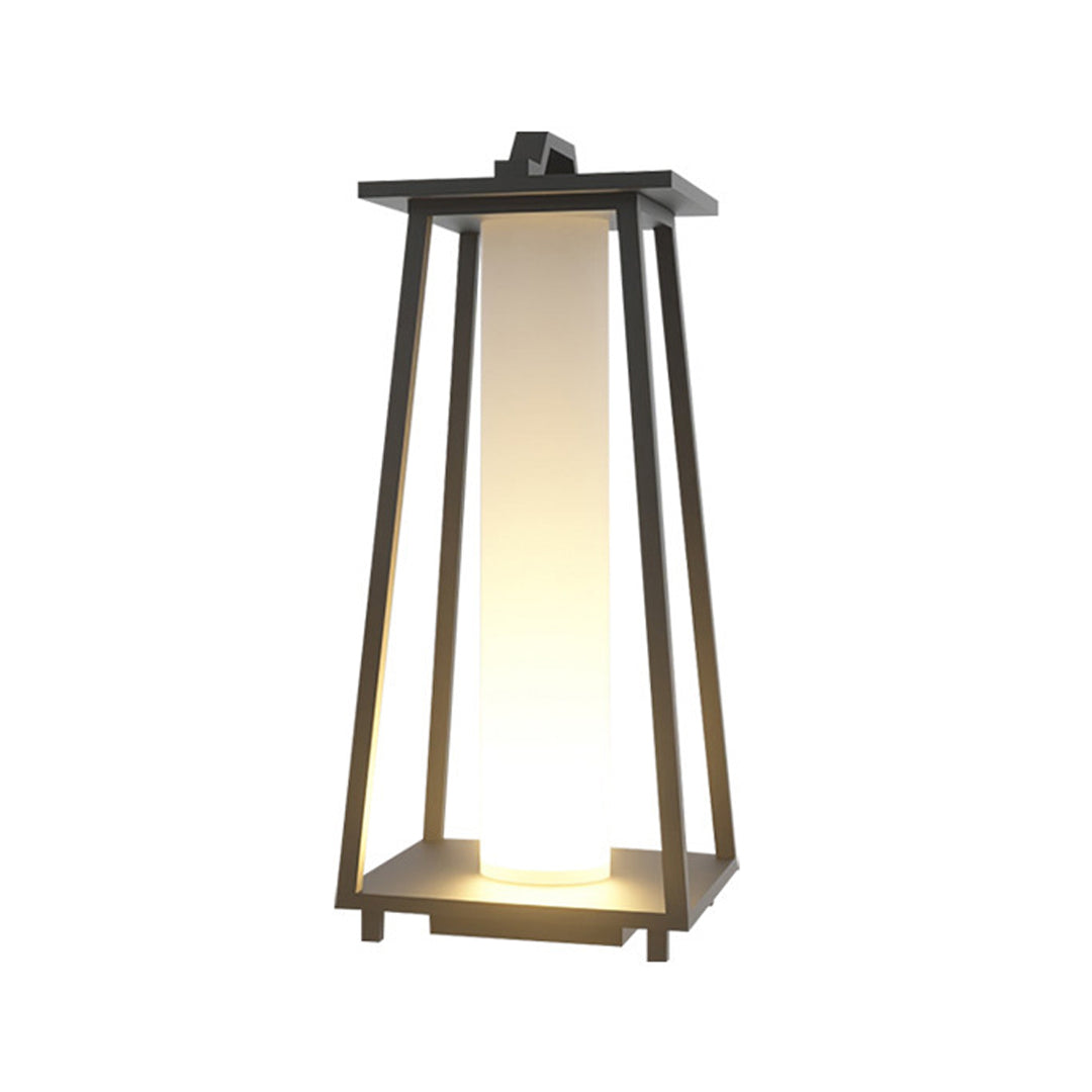 Contemporary outdoor lantern with sleek angular construction creating soft ambient illumination