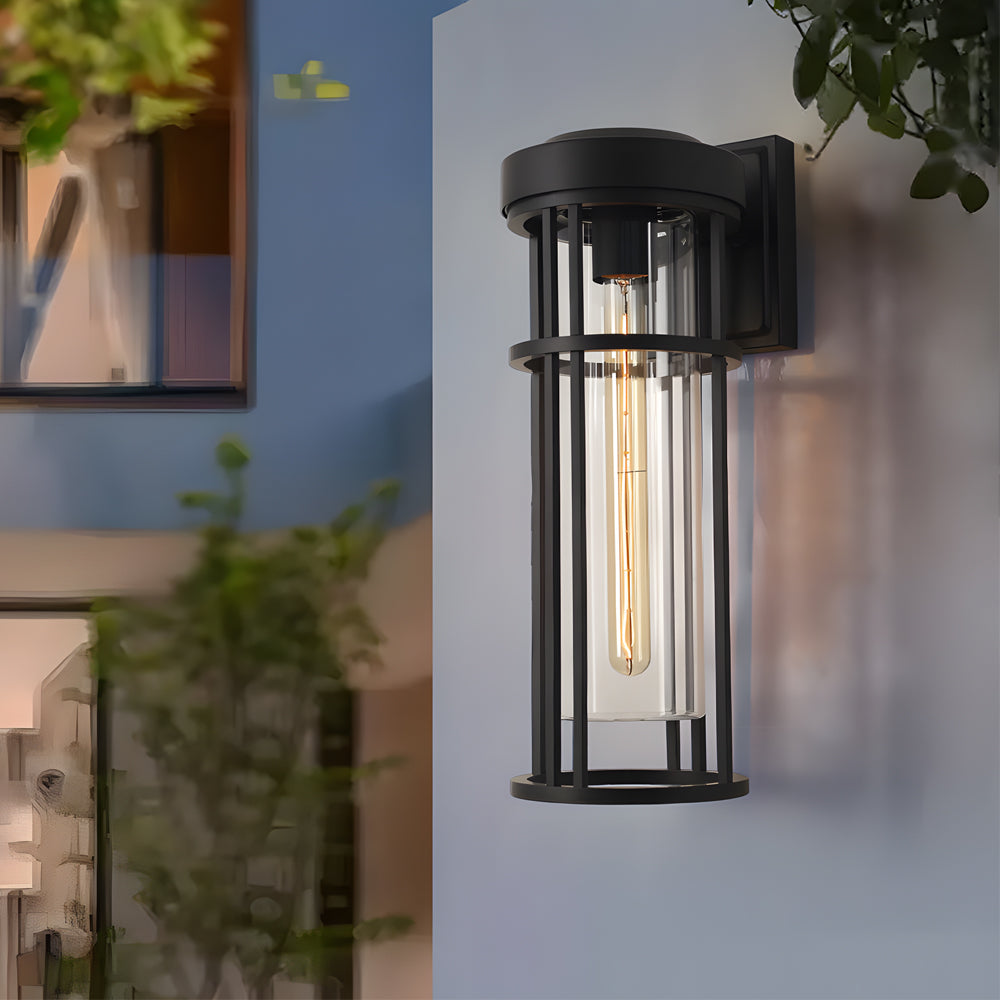 Outdoor living space showcasing multiple cage-style wall sconces with vintage Edison bulb design