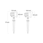 Technical drawing showing detailed dimensions and specifications for adjustable outdoor spotlight fixture