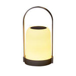 Portable LED lantern with cylindrical white shade and black metal handle against clean white background