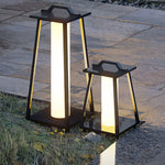 Portable LED lanterns with carrying handles positioned on outdoor paving for flexible lighting solution