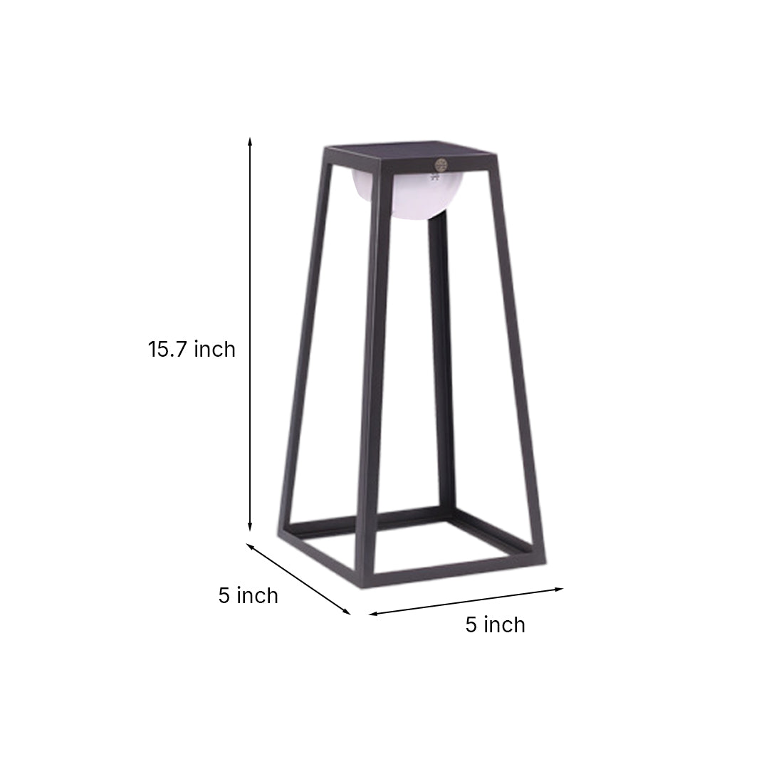 Technical dimension drawing showing height and base measurements for pyramid-style outdoor lantern