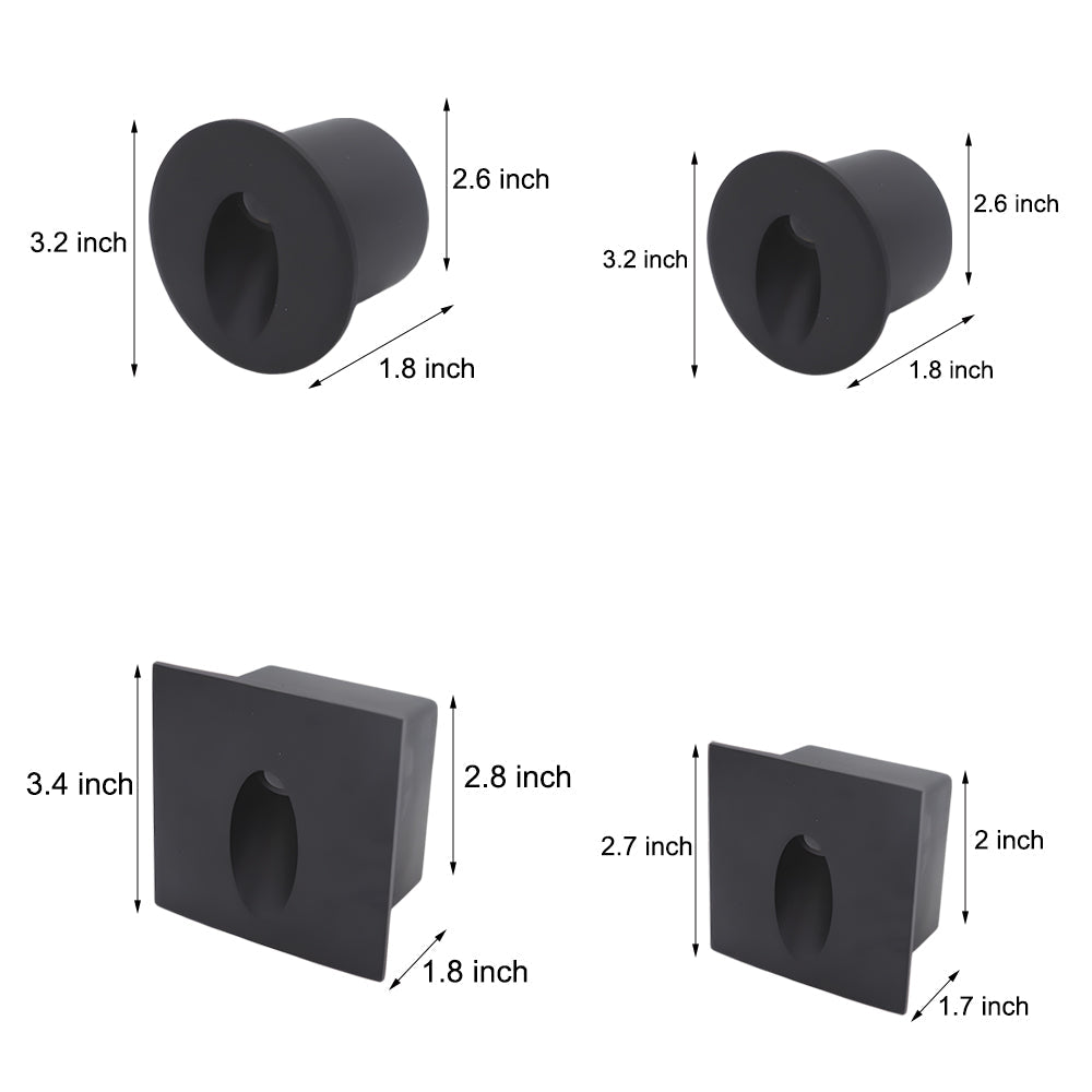 Technical specification drawings showing dimensions for round and square recessed light fixtures