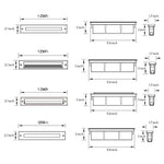 Technical specifications and dimensional drawings for various rectangular linear LED light fixtures