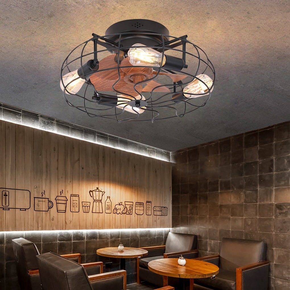 Retro Cage Industrial Remote Control Timing Three Speed Regulation Ceiling Fan Lamp - Lamp Outdoor