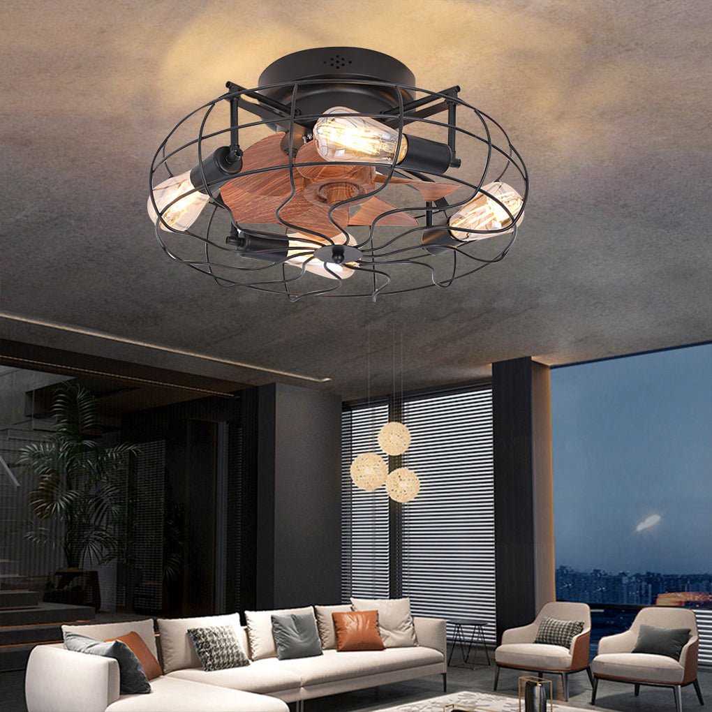 Retro Cage Industrial Remote Control Timing Three Speed Regulation Ceiling Fan Lamp - Lamp Outdoor