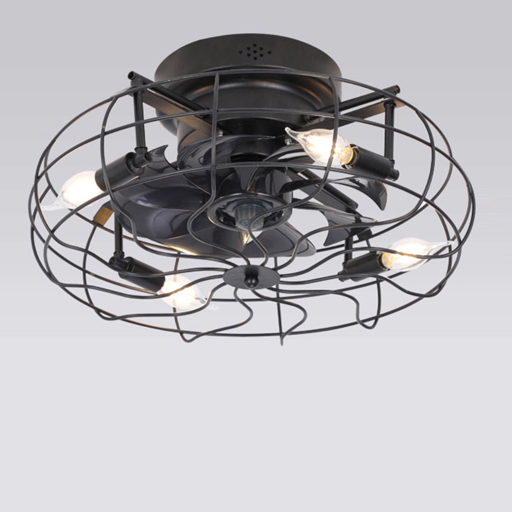 Retro Cage Industrial Remote Control Timing Three Speed Regulation Ceiling Fan Lamp - Lamp Outdoor