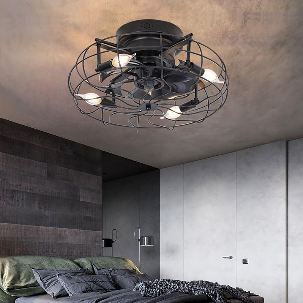 Retro Cage Industrial Remote Control Timing Three Speed Regulation Ceiling Fan Lamp - Lamp Outdoor