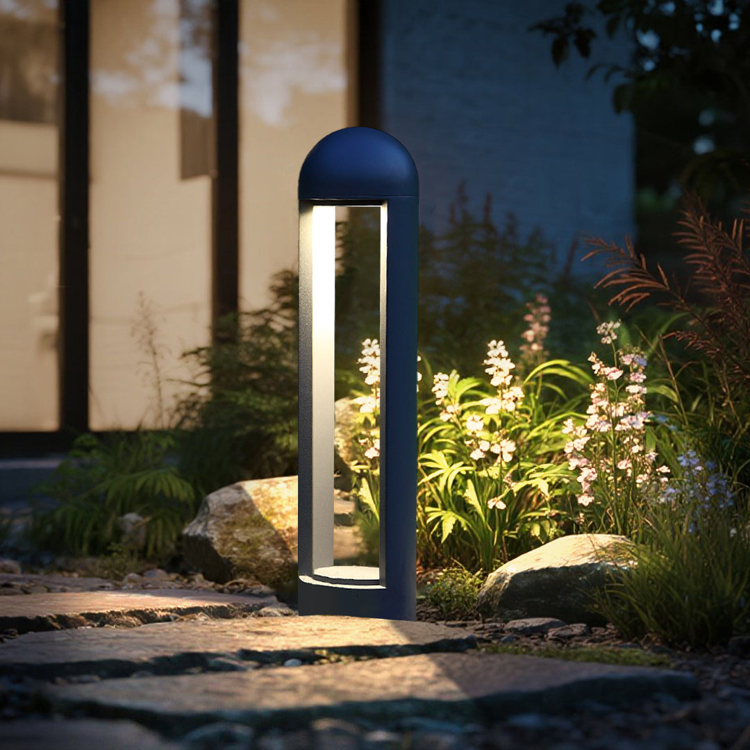 Detail view of rounded bollard top with integrated LED panel and curved design
