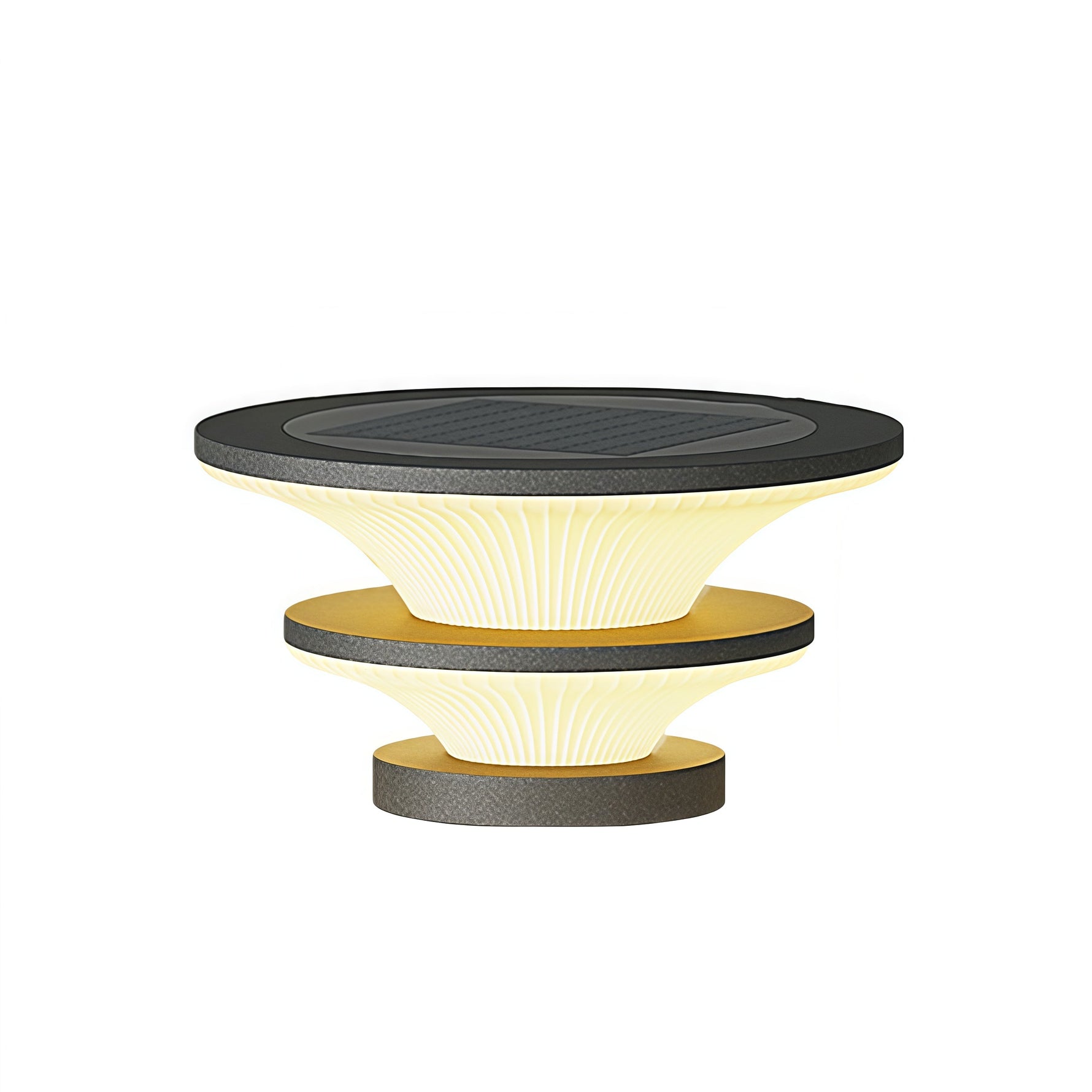 Sculptural outdoor light with stacked disc design featuring contrasting dark and light materials