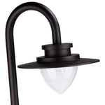 Close-up detail of shepherd's hook light fixture showing curved arm design and LED housing