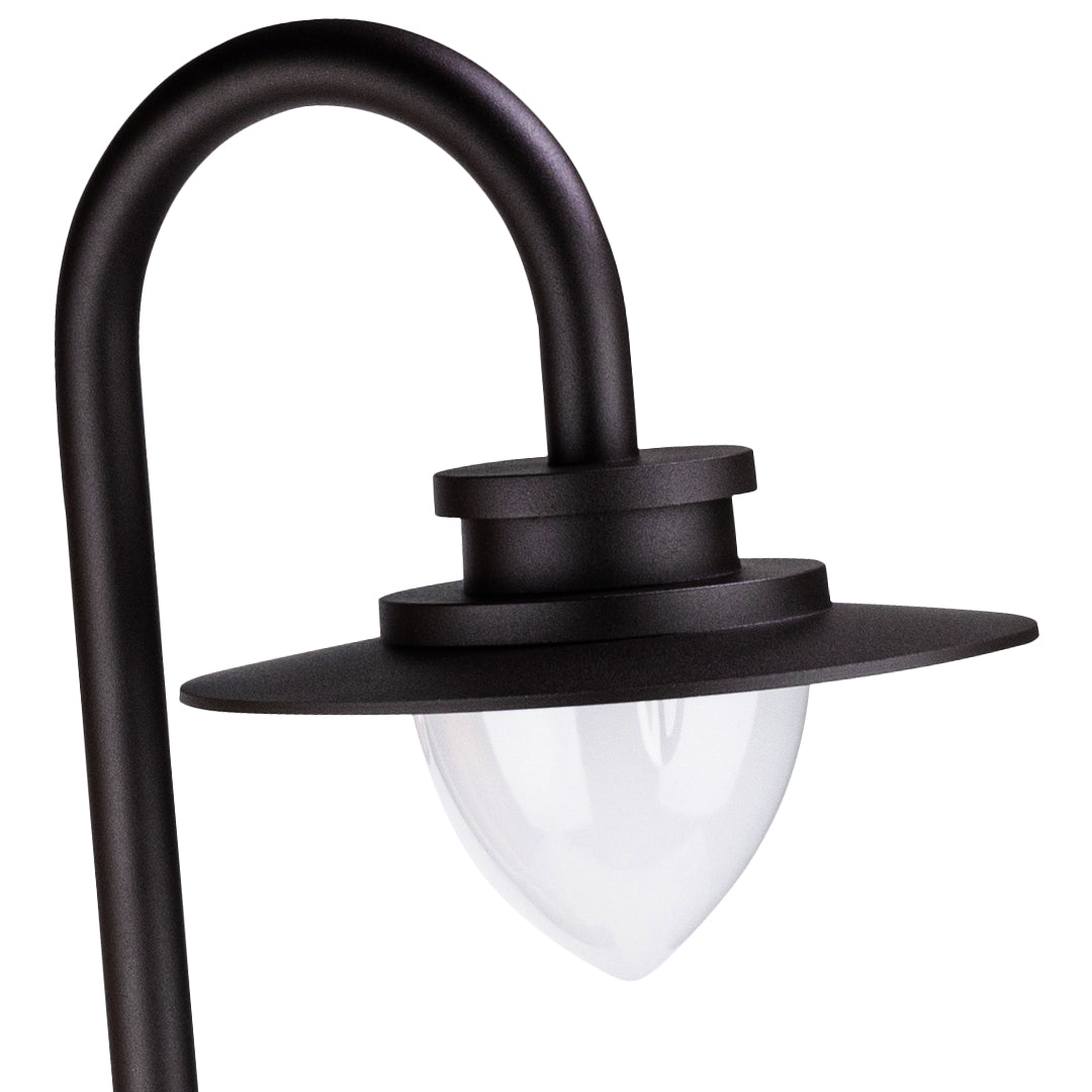 Close-up detail of shepherd's hook light fixture showing curved arm design and LED housing