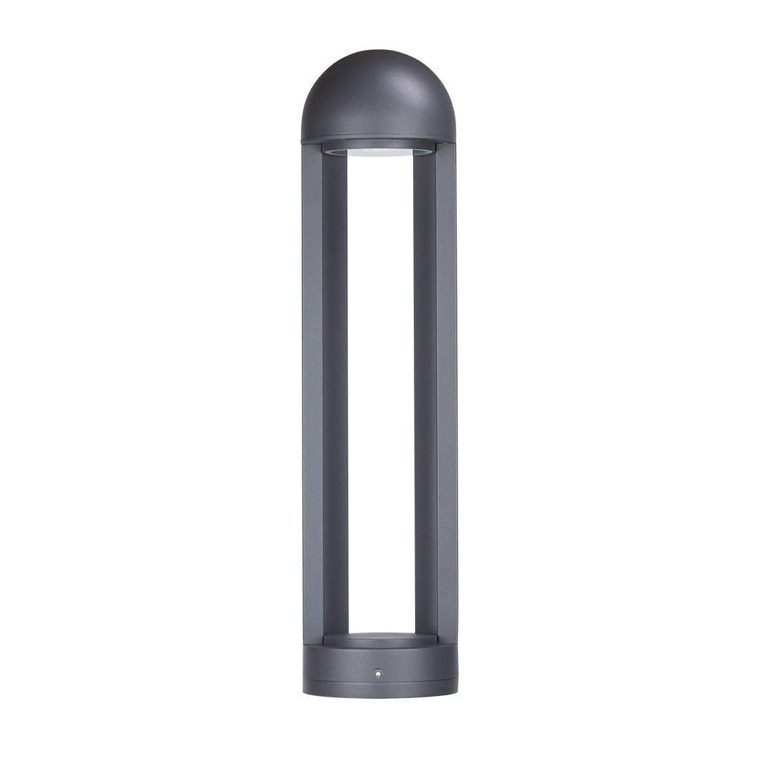 Sleek gray bollard light with vertical LED window and contemporary minimalist design