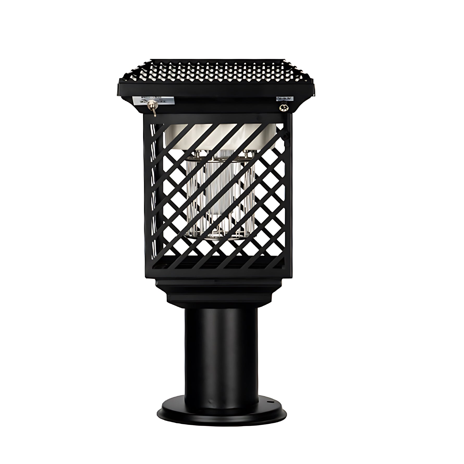 Solar pathway light with geometric crosshatch design and medium height post installation