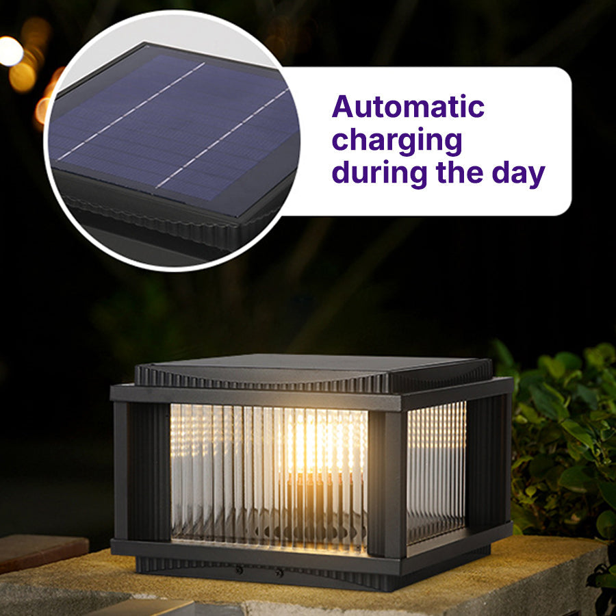 Solar-powered pillar light with automatic charging feature and warm white illumination for outdoor use