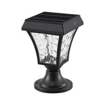 Black solar-powered post light with decorative glass panel and solar panel top against white background