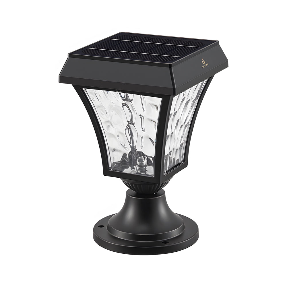 Black solar-powered post light with decorative glass panel and solar panel top against white background