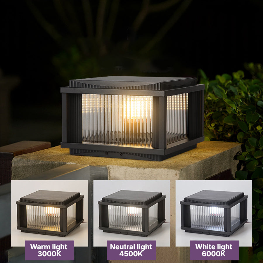 Three-pack of compact solar post lights with color-changing LED capabilities for pathway lighting