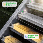 Solar-powered step lights with charging indicators installed on outdoor wooden deck stairs