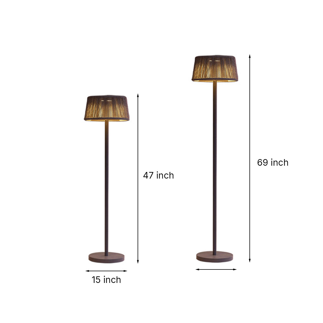 Height comparison chart showing two different sizes available for solar-powered rattan floor lamps