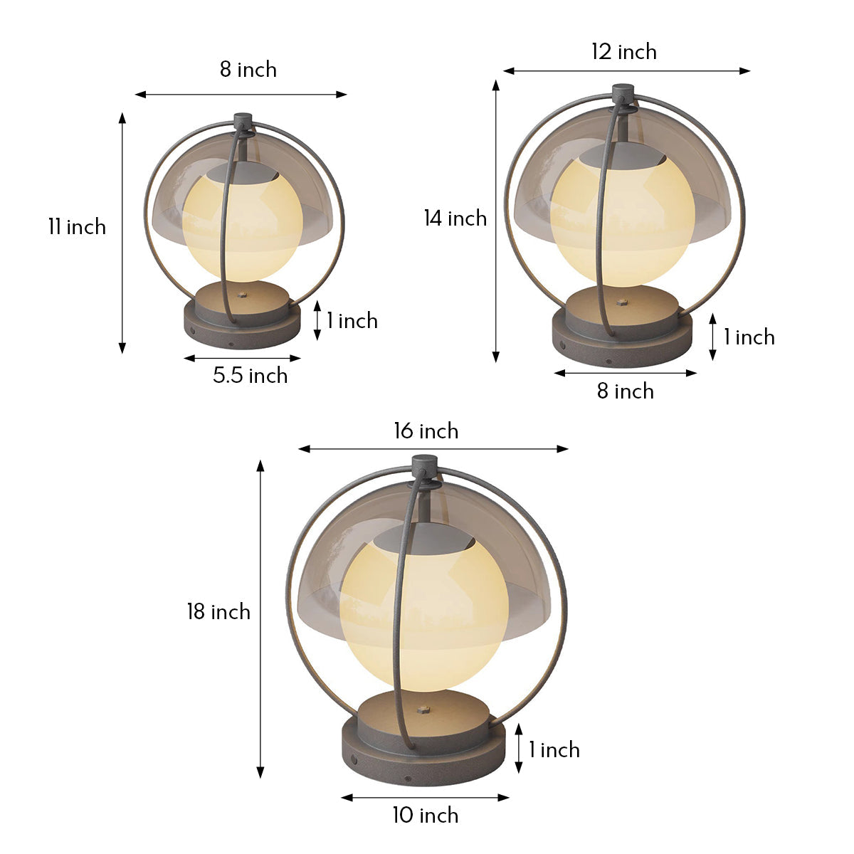 Technical specification drawing showing dimensions and components of solar sphere light system
