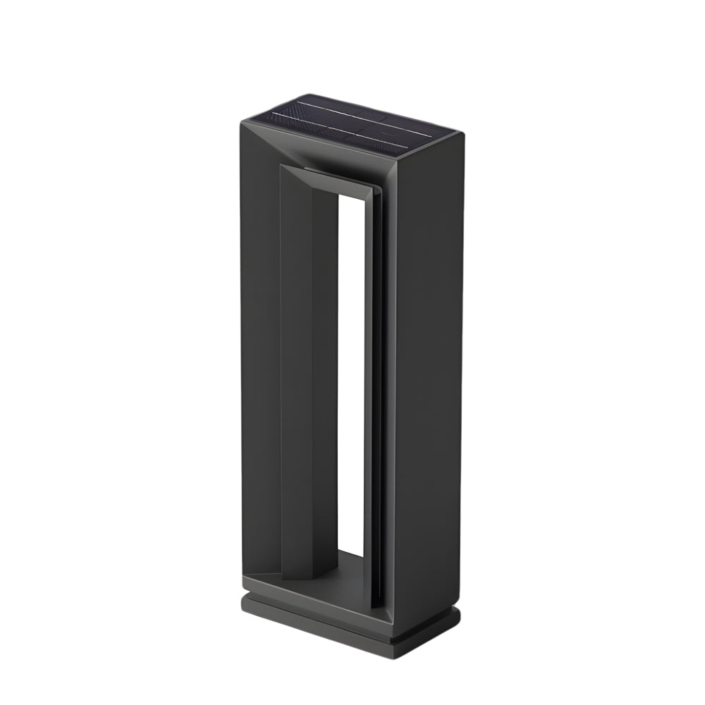 Contemporary outdoor bollard with solar panel top and integrated LED lighting strip