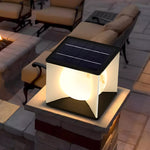 Close-up of solar cube light on outdoor furniture showing detailed construction