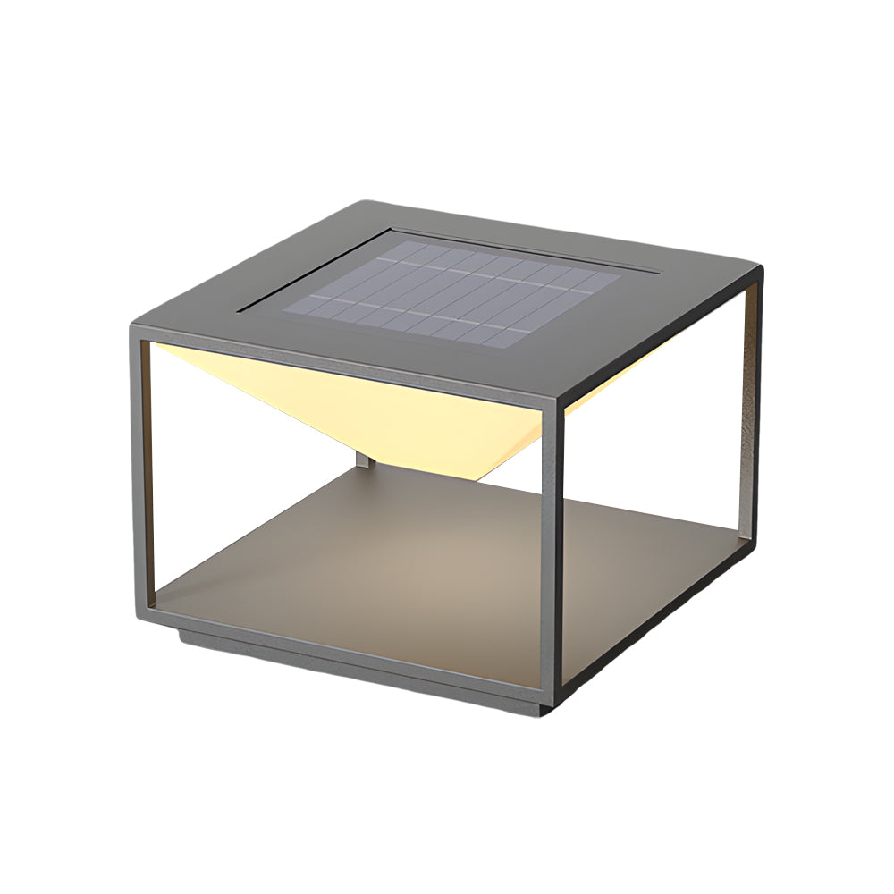 Modern cubic outdoor light fixture with solar panel top and warm LED strip illumination