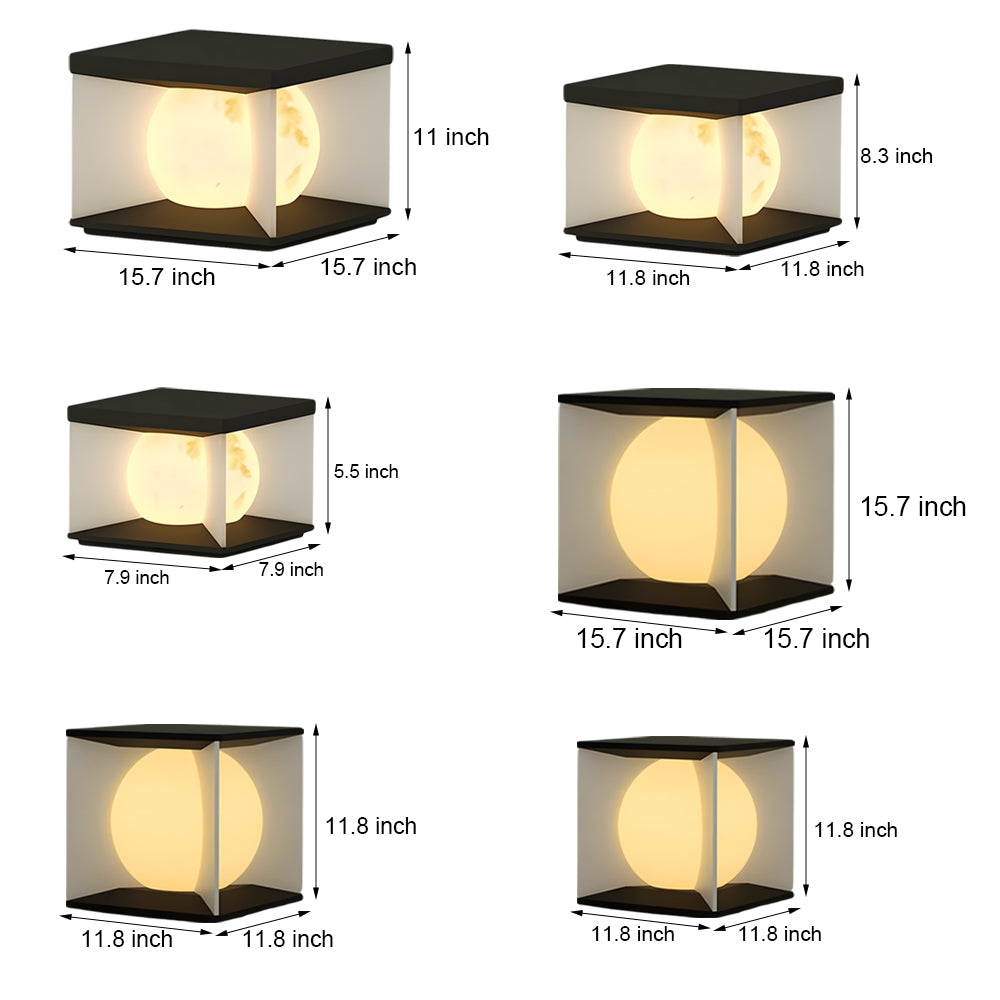 Size specification chart displaying six different solar cube light dimensions