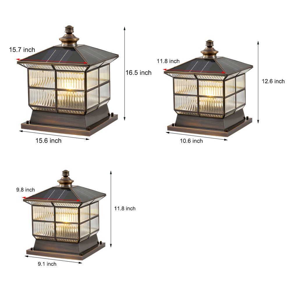 Square Bronze Hardwired/Solar Pillar Lamp Fence Post Light with 3 Step Dimming - Lamp Outdoor