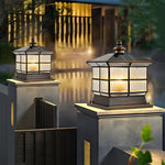 Square Bronze Hardwired/Solar Pillar Lamp Fence Post Light with 3 Step Dimming - Lamp Outdoor