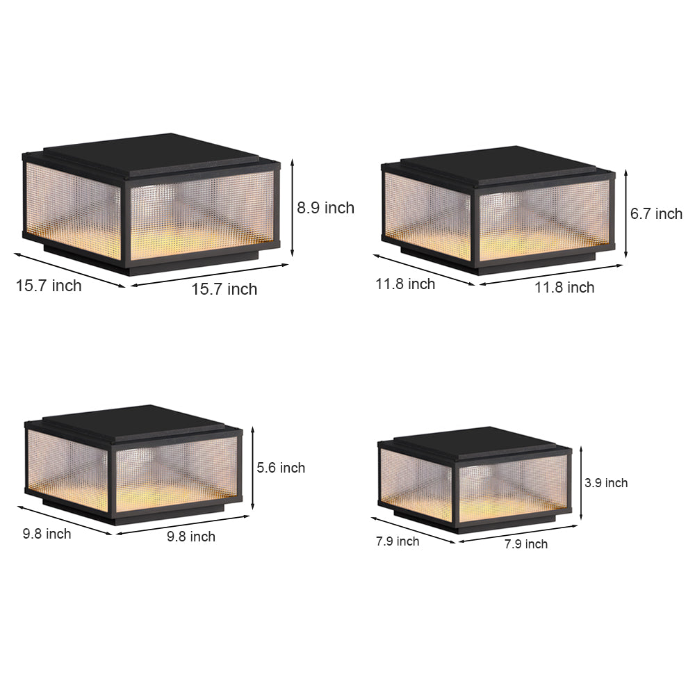 Product size chart displaying four different dimensions available for square LED light fixtures