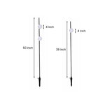 Technical specification drawing showing height dimensions for modern stake-mounted outdoor lights