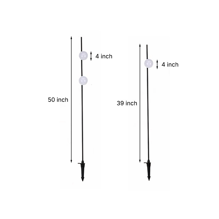 Technical specification drawing showing height dimensions for modern stake-mounted outdoor lights