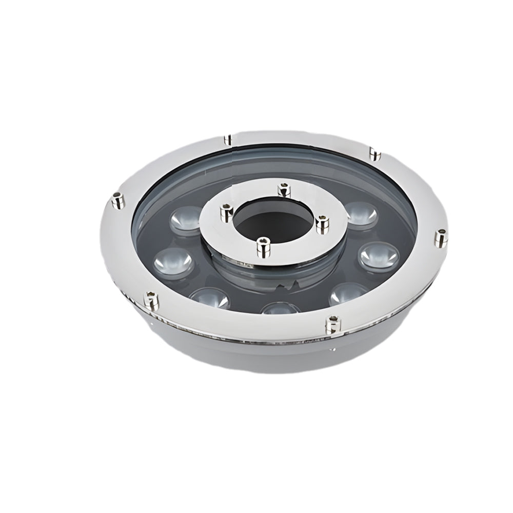 Round submersible fountain light with multiple LED points arranged in ring pattern
