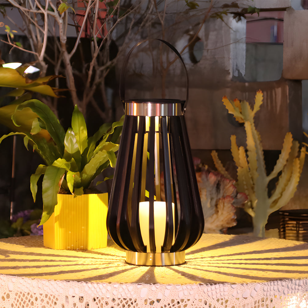 Tabletop lantern display with warm glow complementing outdoor dining setup