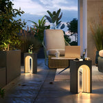 Multiple arch lamps creating warm lighting on deck