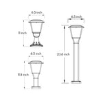 Technical specification drawing showing dimensions for traditional lantern-style outdoor lighting
