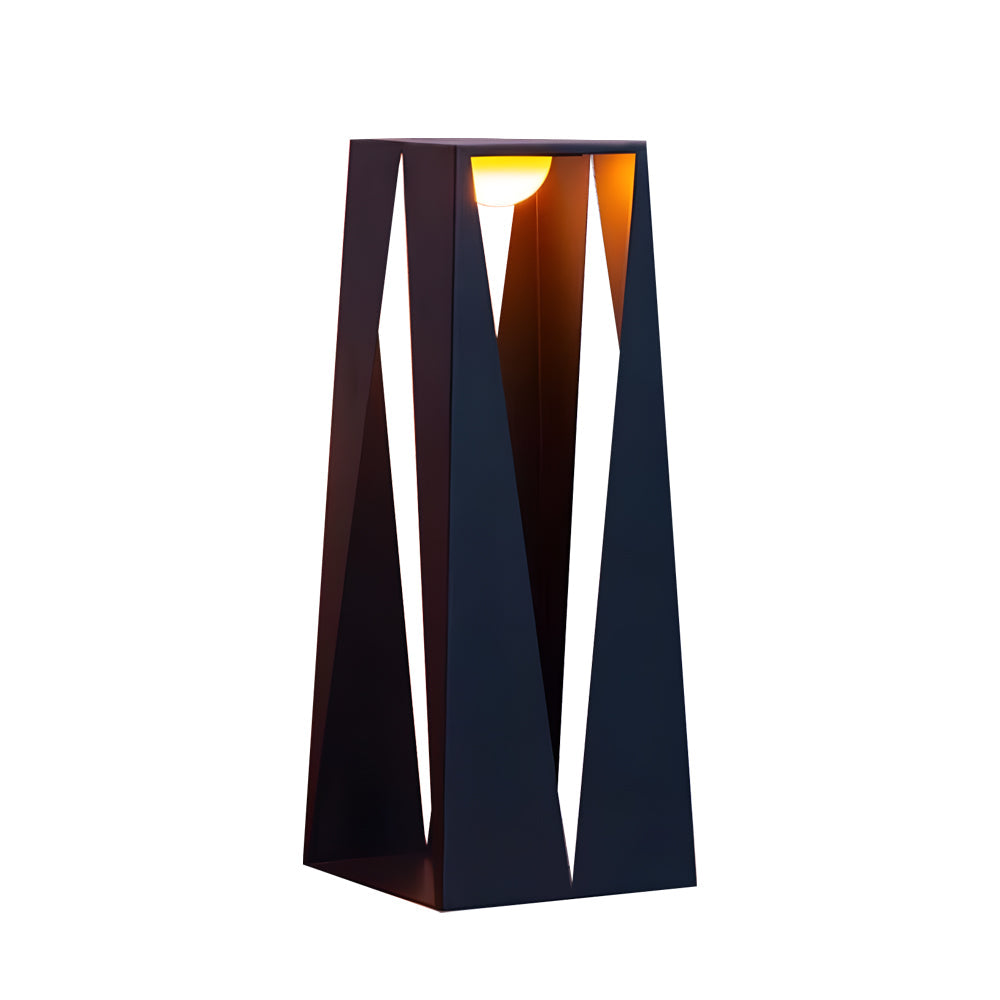 Tall triangular outdoor light fixture with modern angular silhouette and illuminated panels