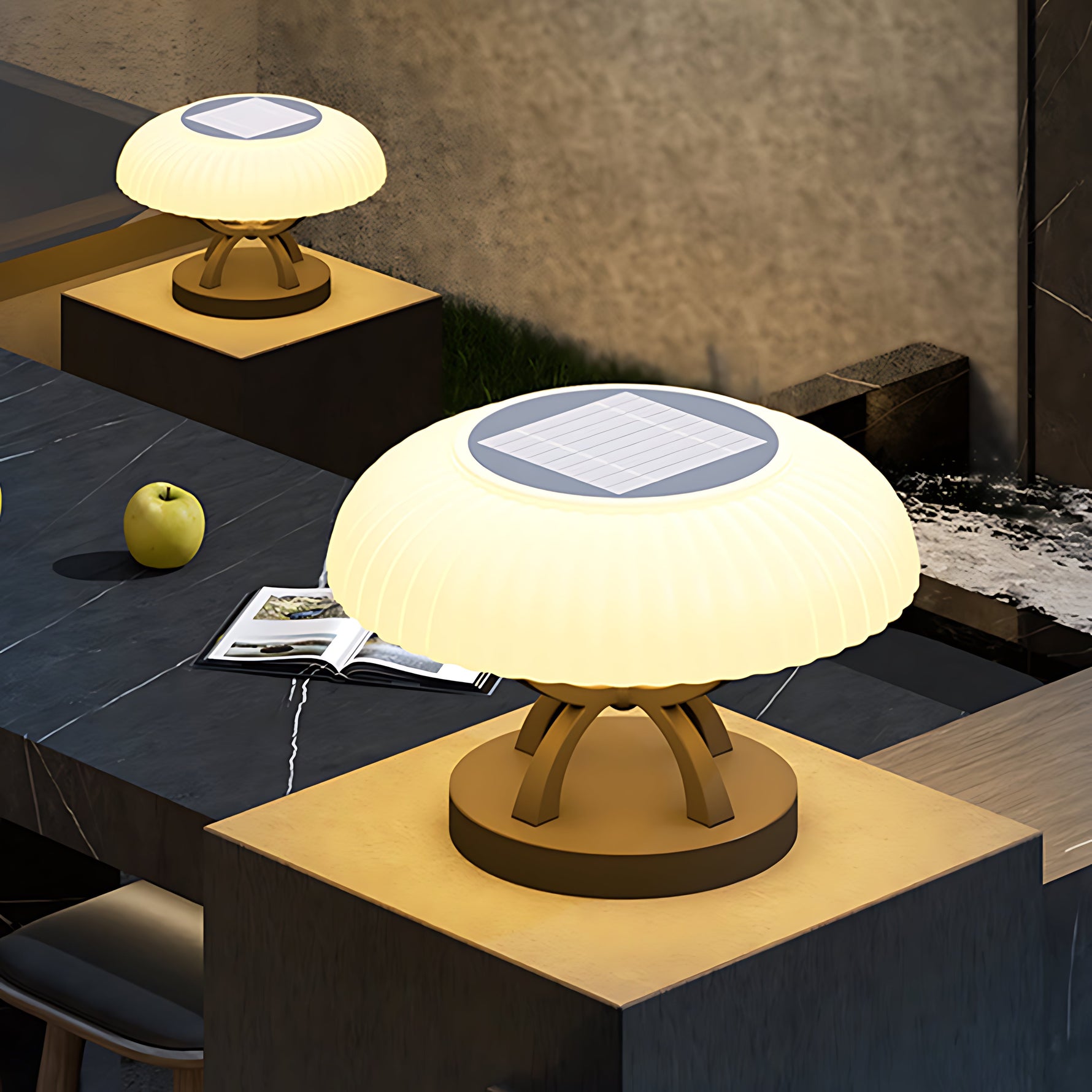 Modern UFO-shaped outdoor light fixture with warm LED glow installed on contemporary concrete plaza surface