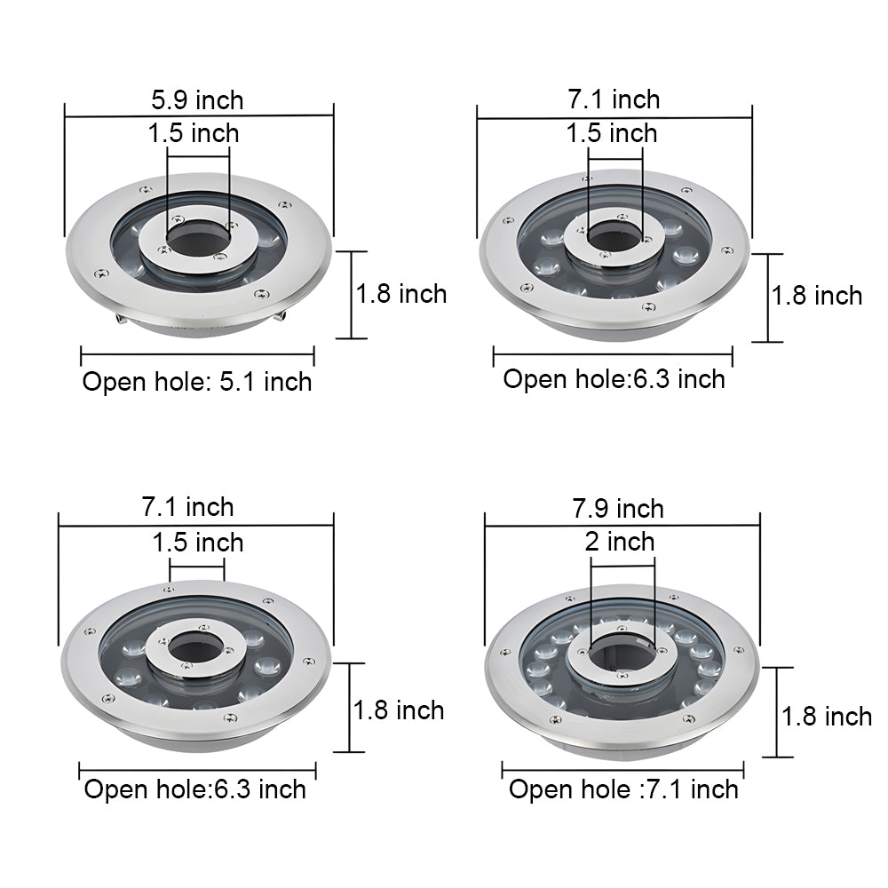 Technical specification chart showing four different underwater light fixture sizes