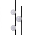 Series of white spherical lights arranged vertically on slender posts for decorative lighting