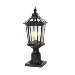 Victorian-style black pedestal light with geometric glass panels and classic ornate base construction