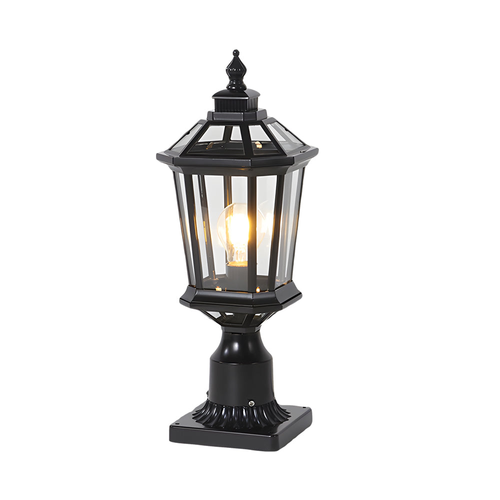 Victorian-style black pedestal light with geometric glass panels and classic ornate base construction