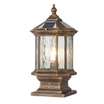Vintage-style bronze post lantern with seeded glass and traditional architectural detailing